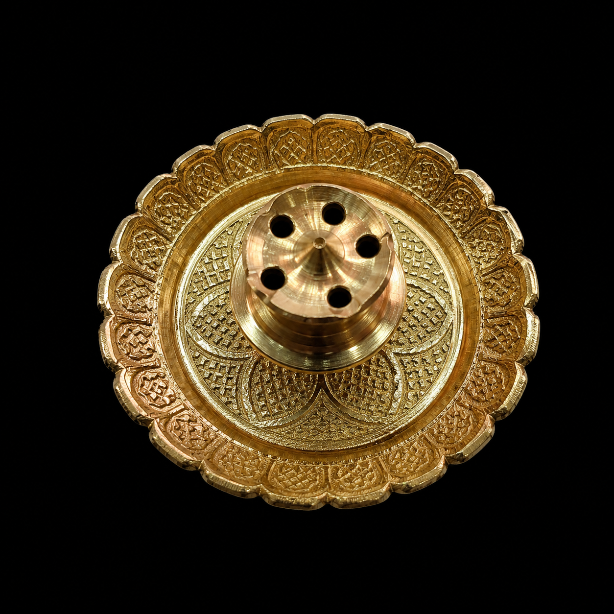 Brass Incense Stick Holder with Lotus Petal & Geometric Engraving